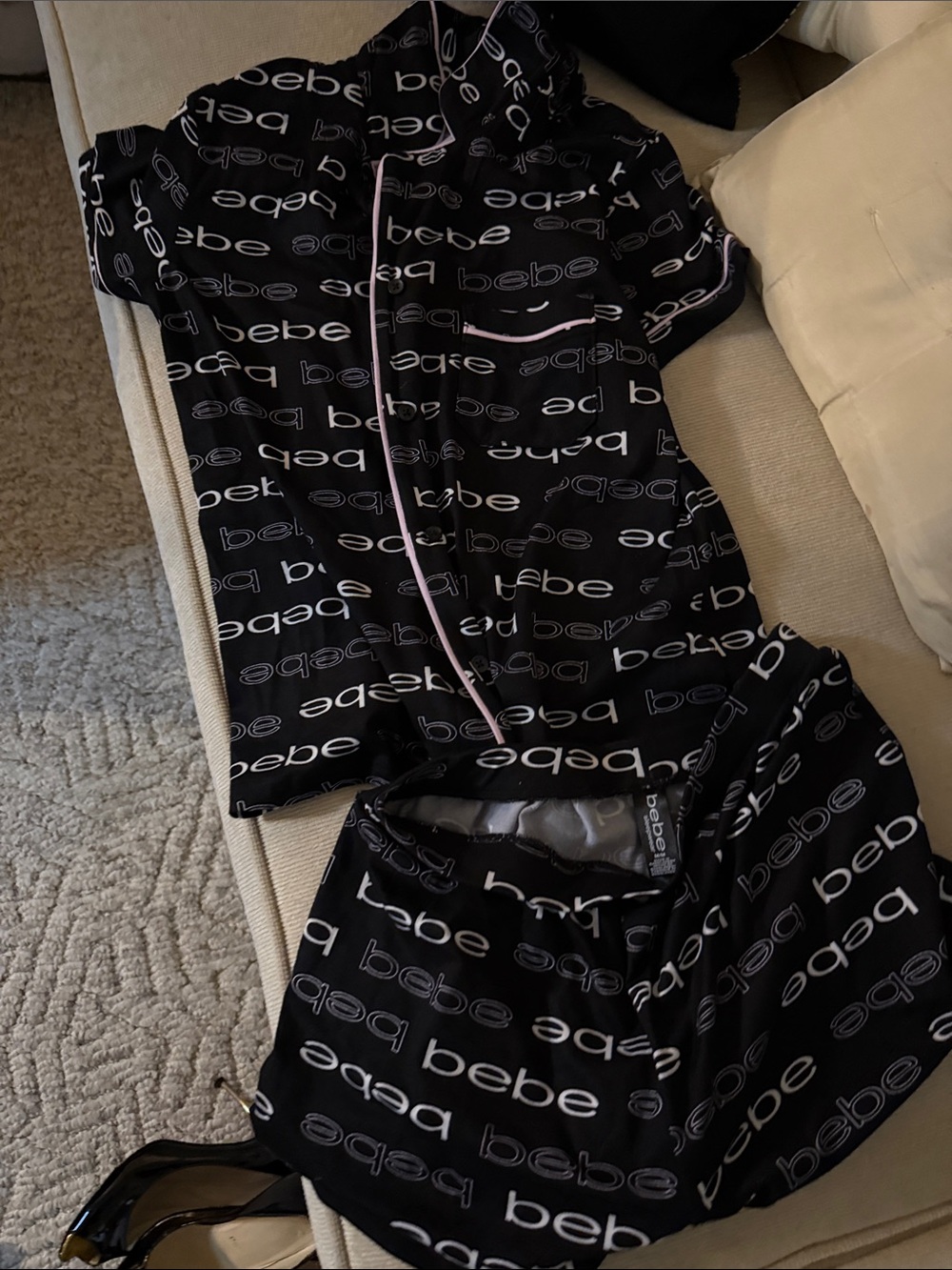 bebe Black Logo Short Pajama Set with Pink Trim